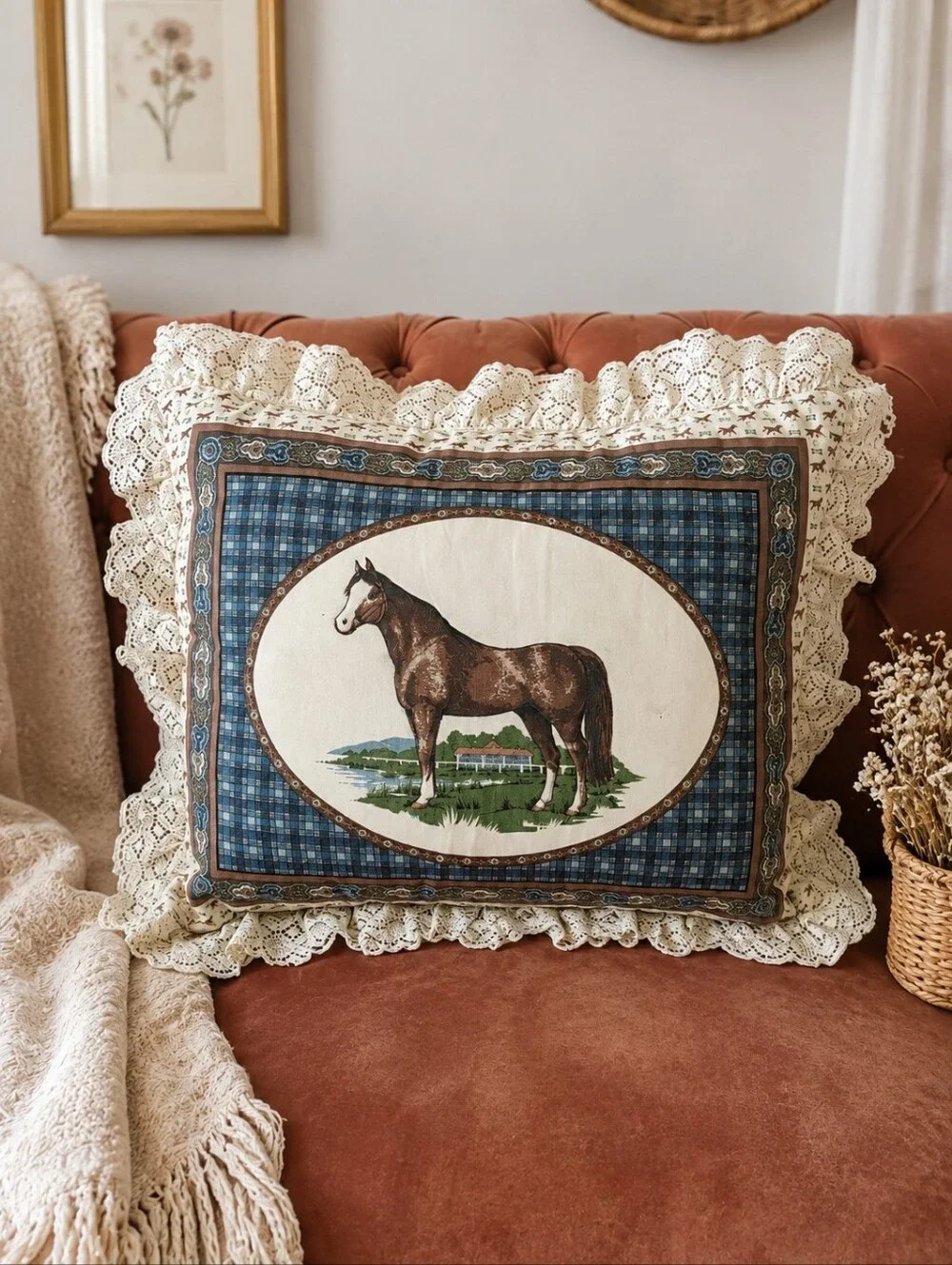 Vintage Horse Tapestry Pillow | Cottagecore Lace Accent Equestrian